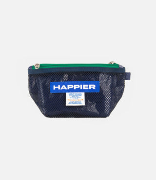 Navy blue pouch with green zipper and 'Happier' branding on a white background
