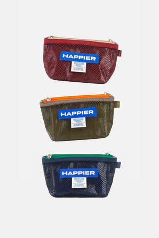 Three mesh pouches with 'Happier' branding on a white background