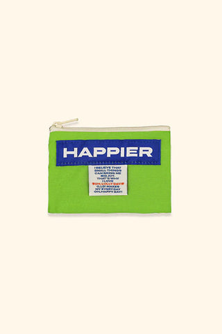 Green pouch with 'Happier' branding on a white background