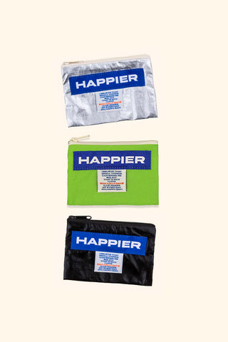 Three pouches with 'Happier' branding on a white background