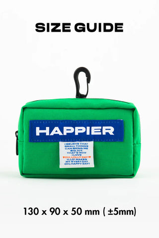 Green pouch with 'Happier' branding and size guide on a white background
