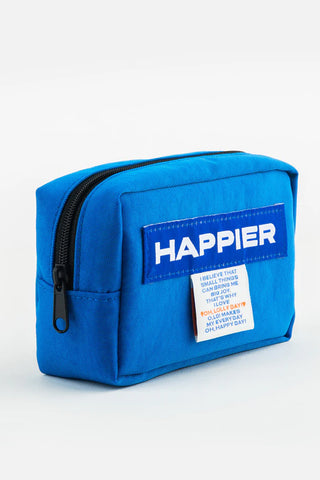 Blue pouch with 'HAPPIER' branding on a white background