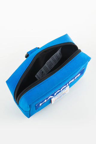 Blue pouch with a black interior on a white background