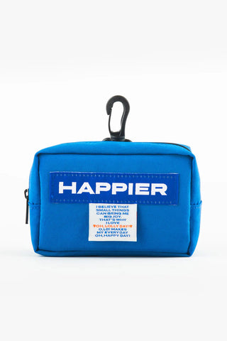 Blue pouch with 'HAPPIER' branding on a white background