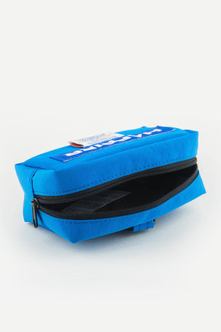 Blue pouch with a black zipper on a white background
