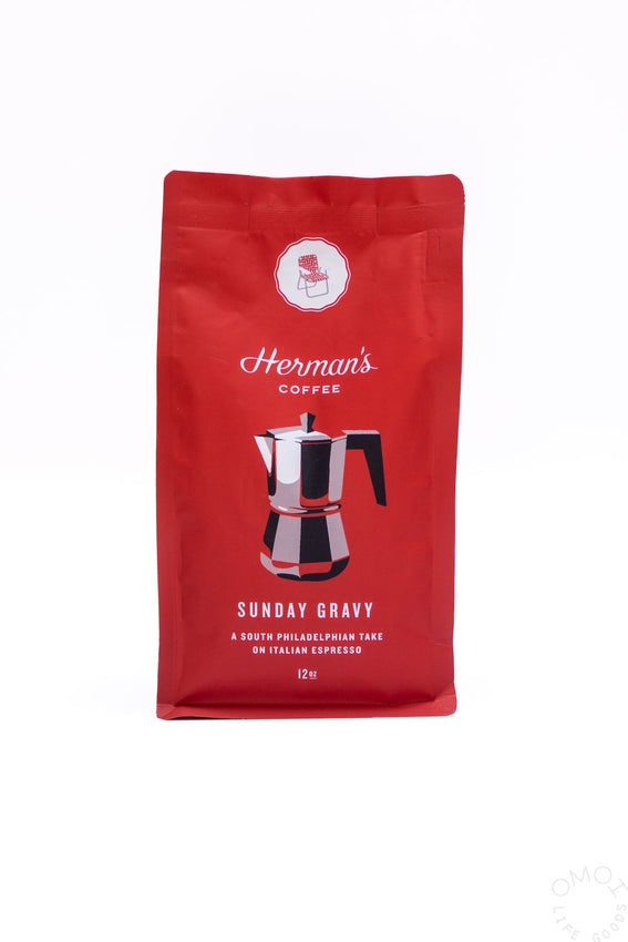 Herman's Sunday Gravy coffee bag in red, with logo and illustrated espresso pot