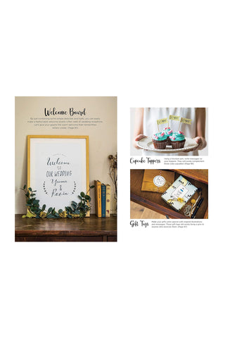 Wedding planning items including a welcome board, cupcake toppers, and gift tags, all written in fountain pen