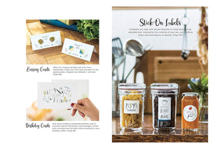 Page with cards, jars, and a hand holding a card on a wooden surface, all written with fountain pens