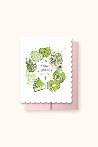 Matcha die-cut greeting card with green doodles and “I love you so much” text