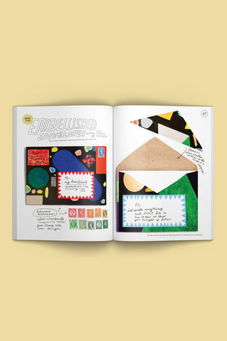 Open magazine spread with colorful collage layouts and blocks of text on two pages