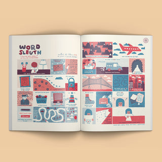 Open magazine spread with word-and-map illustrations and small mail labels