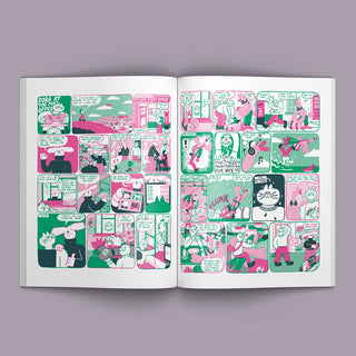 Open magazine spread with bright comic panels and speech bubbles in mint and pink