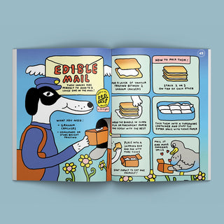 Open magazine spread with cartoon dog and Edible Mail graphic and packing instructions