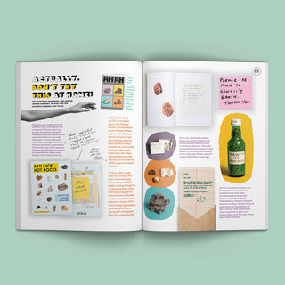 Open magazine spread with notes, photos, and illustrated packages on cream pages