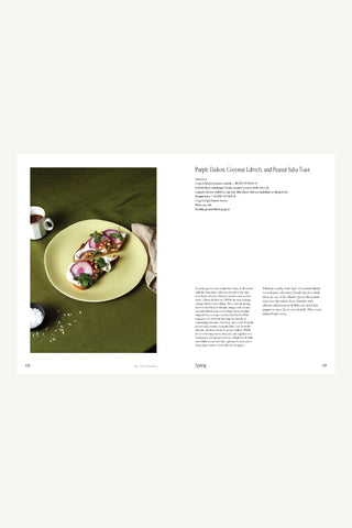 Plate of food on a green tablecloth with text on a white background