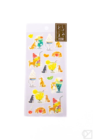 Sticker sheet with colorful illustrations of animals and drinks on a white background