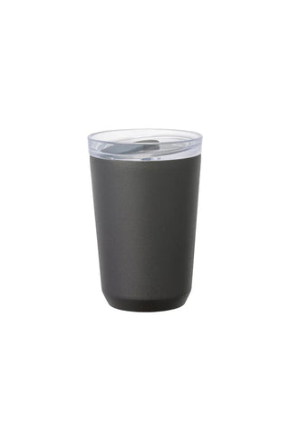 Black travel tumbler with a clear lid on a white background