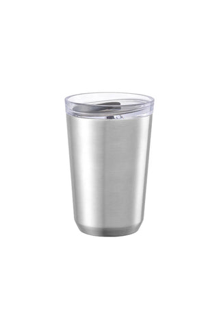 Stainless steel tumbler with a clear lid on a white background