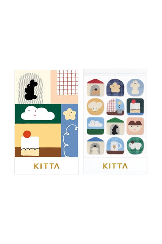 KITTA home washi tape set, character and house-pattern rolls on display