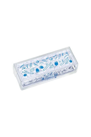 Clear long stamp with blue Japanese-style nut and leaf pattern