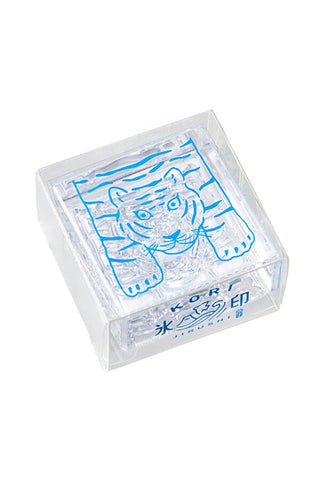 Clear tiger stamp on transparent block with blue ink design