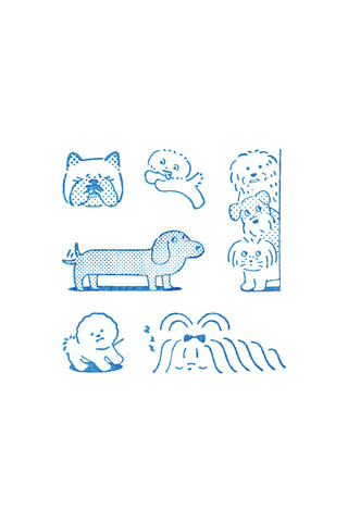 Transparent dog clear stamps with blue line art animals, arranged