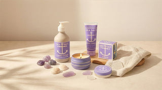 Collection of Sea Salt Lavender products including a bottle, cream, soap, and candles on a neutral background.