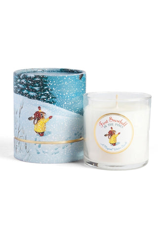 Kala x Richard Scarry 10oz First Snowfall candle, blue illustrated tin and clear jar