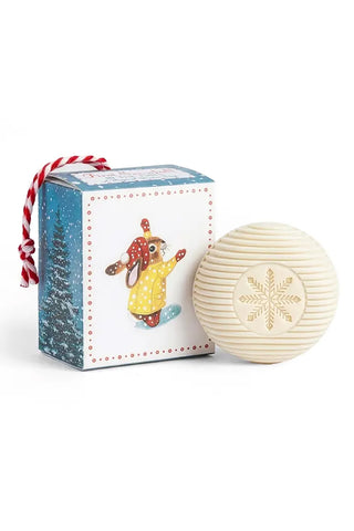 Hanging box soap set with blue gift box and round cream bar with snowflake imprint