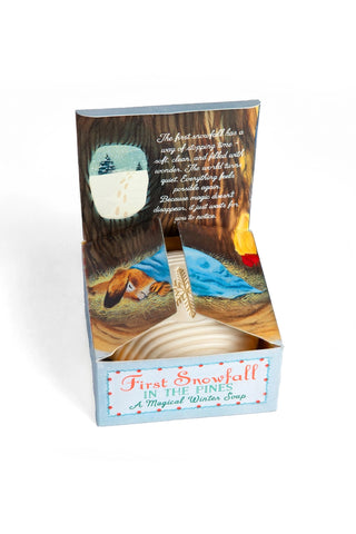 First snowfall soap gift box, open with illustrated scene and round soap inside
