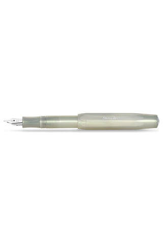 Light green fountain pen side view with fine metal nib