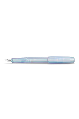 Iridescent pearl fountain pen with light blue translucent barrel and cap end