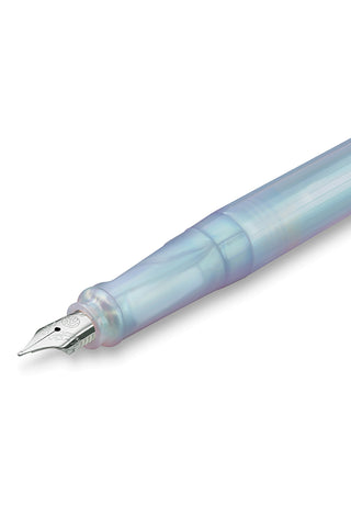 Iridescent pearl fountain pen nib and light blue translucent barrel