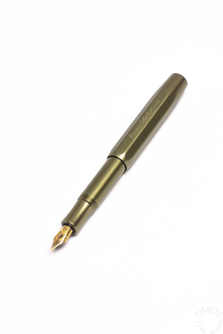 Olivine green Kaweco AL Sport fountain pen with gold nib, angled view