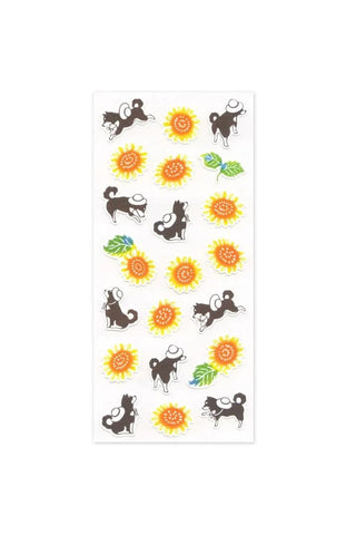 Sheet of stickers with cartoon dogs and flowers on a white background