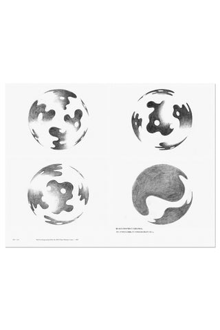 Kenya Hara: Draw book page with four globe icon sketches and a swirl figure