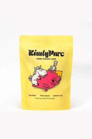 Yellow package of Kimly Parc Sweet Potato Latte on a white background
