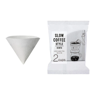 white paper coffee filter shown next to packaging pouch labeled 'SLOW COFFEE STYLE KINTO 2 cups'.