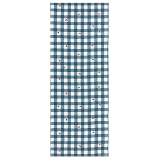 Blue and white checkered towel with small red and black goldfish accents on a white background