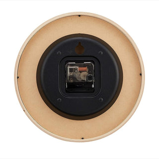 Back of natural wood wall clock showing the movement through a square opening