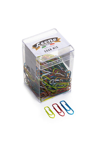 Assorted colorful paper clips in clear plastic storage box