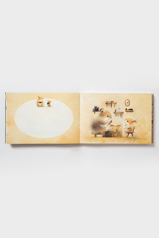 Open book with illustrations of animals in a room on a white background