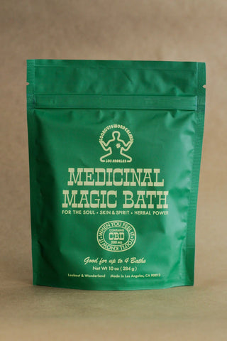 Medicinal Magic CBD bath soak bag, green resealable pouch with front label