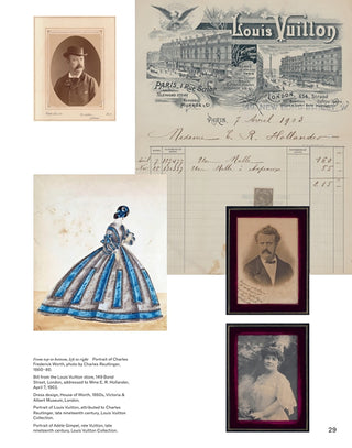 Collection of vintage photographs and documents including a portrait, architectural drawing, and fashion illustration.