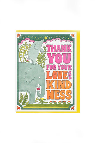 Card with elephants and text 'Thank you for your love and kindness' on a white background