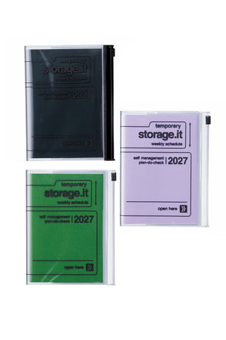 three different planners: black, lavender, and green, with a zipper pocket on a light background that reads "storage.it"