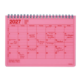 Neon Pink 2027 monthly notebook calendar on a white background