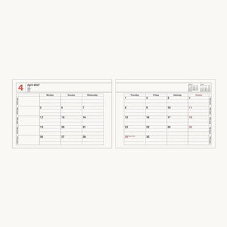 Two page spread of a monthly calendar showing april 2027