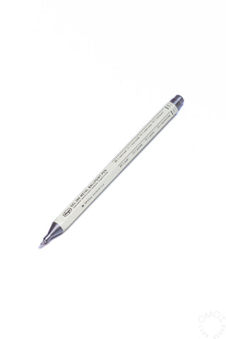 White pen with silver details and black text on a white background