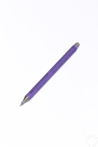 Purple pen with silver details and black text on a white background